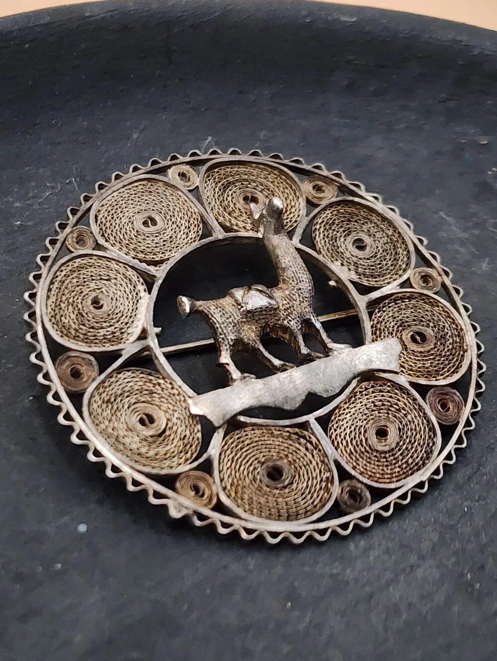 Vintage Sterling Silver Peruvian Llama Intricate Filigree Circular Frame Brooch